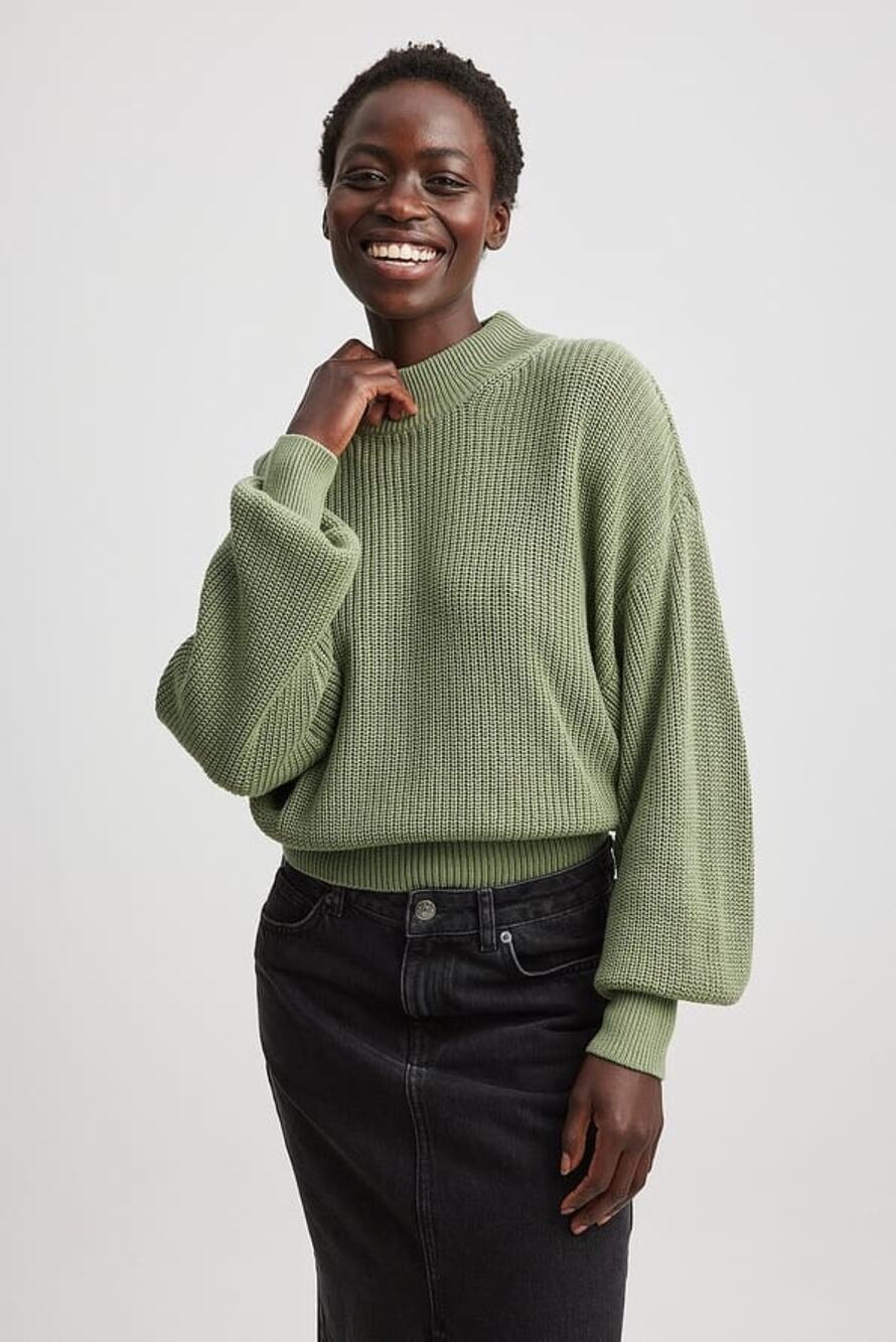 NA-KD Green Chunky Knit Balloon Long Sleeve High Neck Pullover Sweater Top Sz S